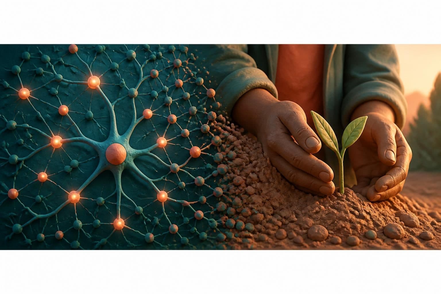 A split image showing one side with a complex, glowing neural network diagram and the other side with a coach's hands gently guiding a single, healthy plant sprout