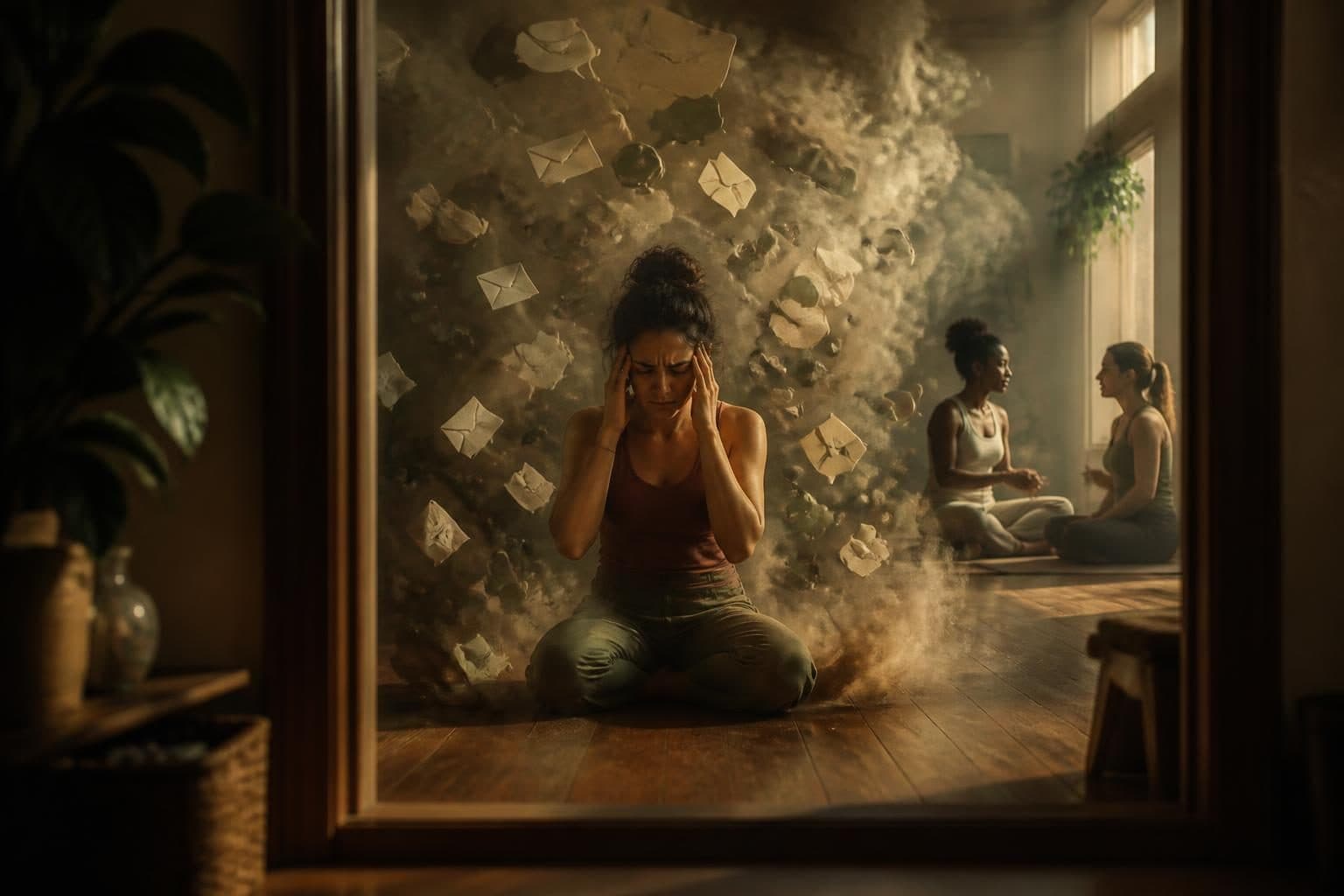 A yoga instructor, appearing frustrated, is surrounded by a swirling cloud of generic, unhelpful digital text and symbols, while a single, clear path of light leading to a serene client interaction is obscured