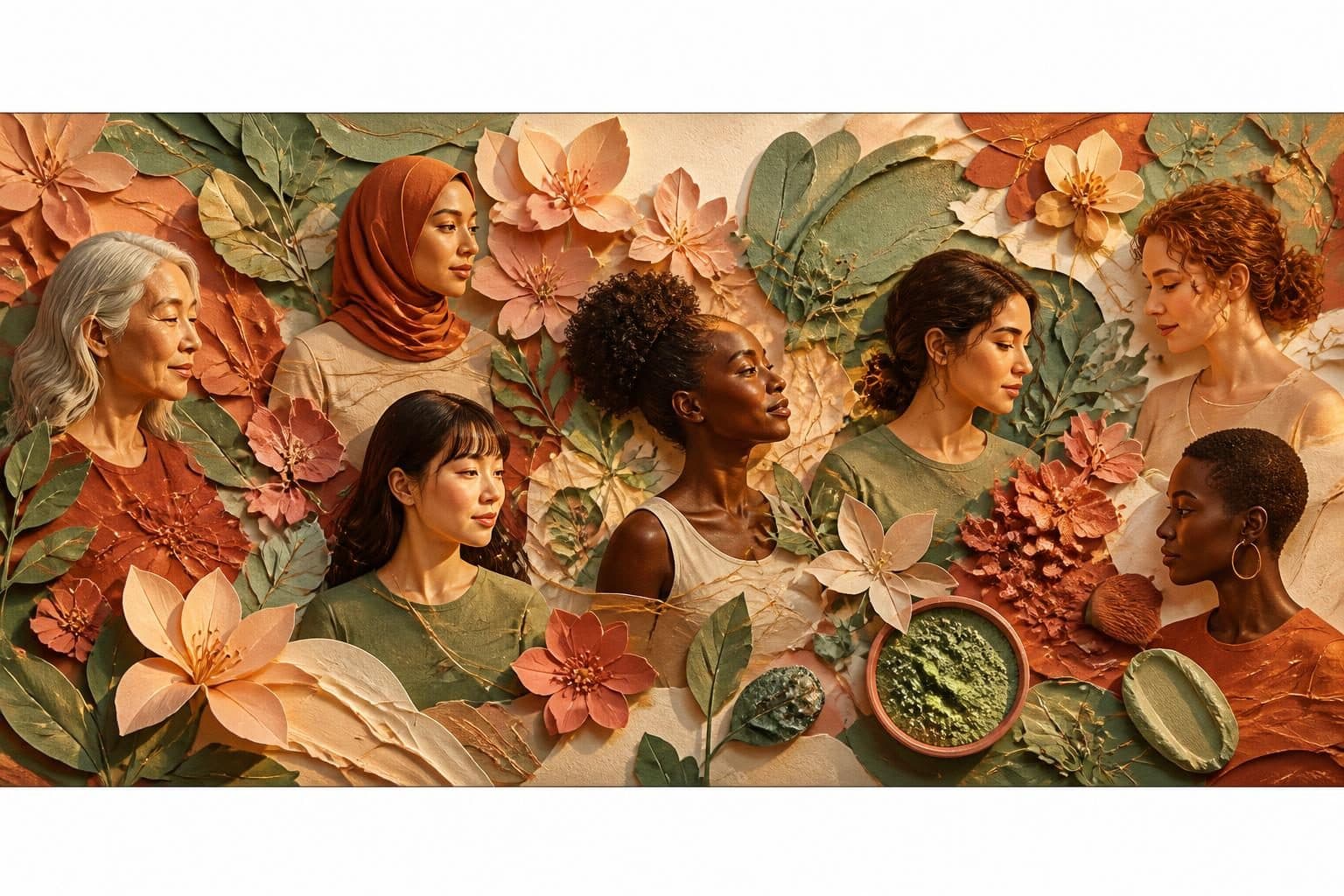 A vibrant, interconnected network of delicate, luminous threads weaves together diverse elements like blooming flowers, shimmering cosmetic pigments, and organic textures, symbolizing the creation of a thriving beauty community