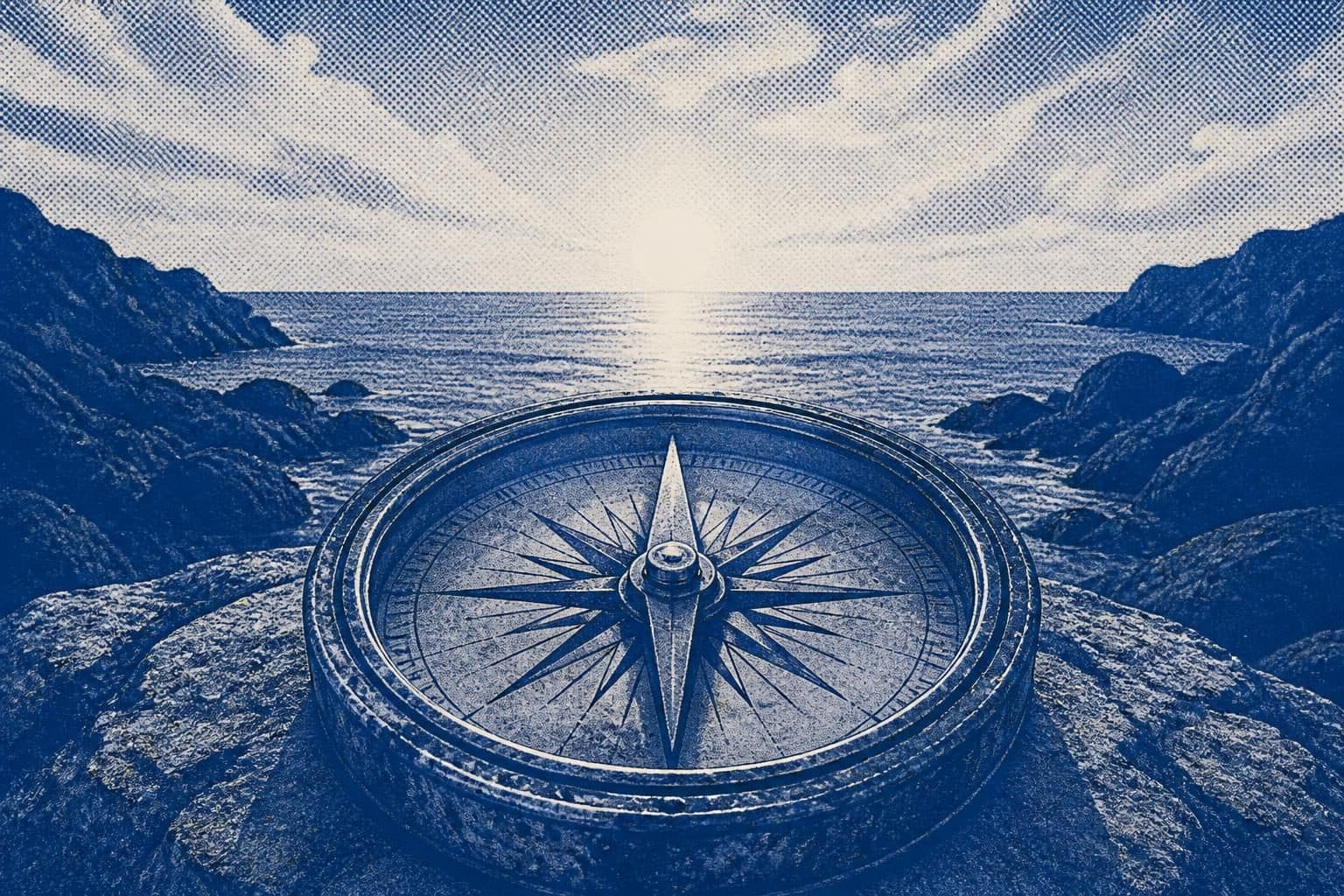 A weathered, antique compass with a needle pointing decisively towards a distant, clear horizon, symbolizing guidance rooted in experience