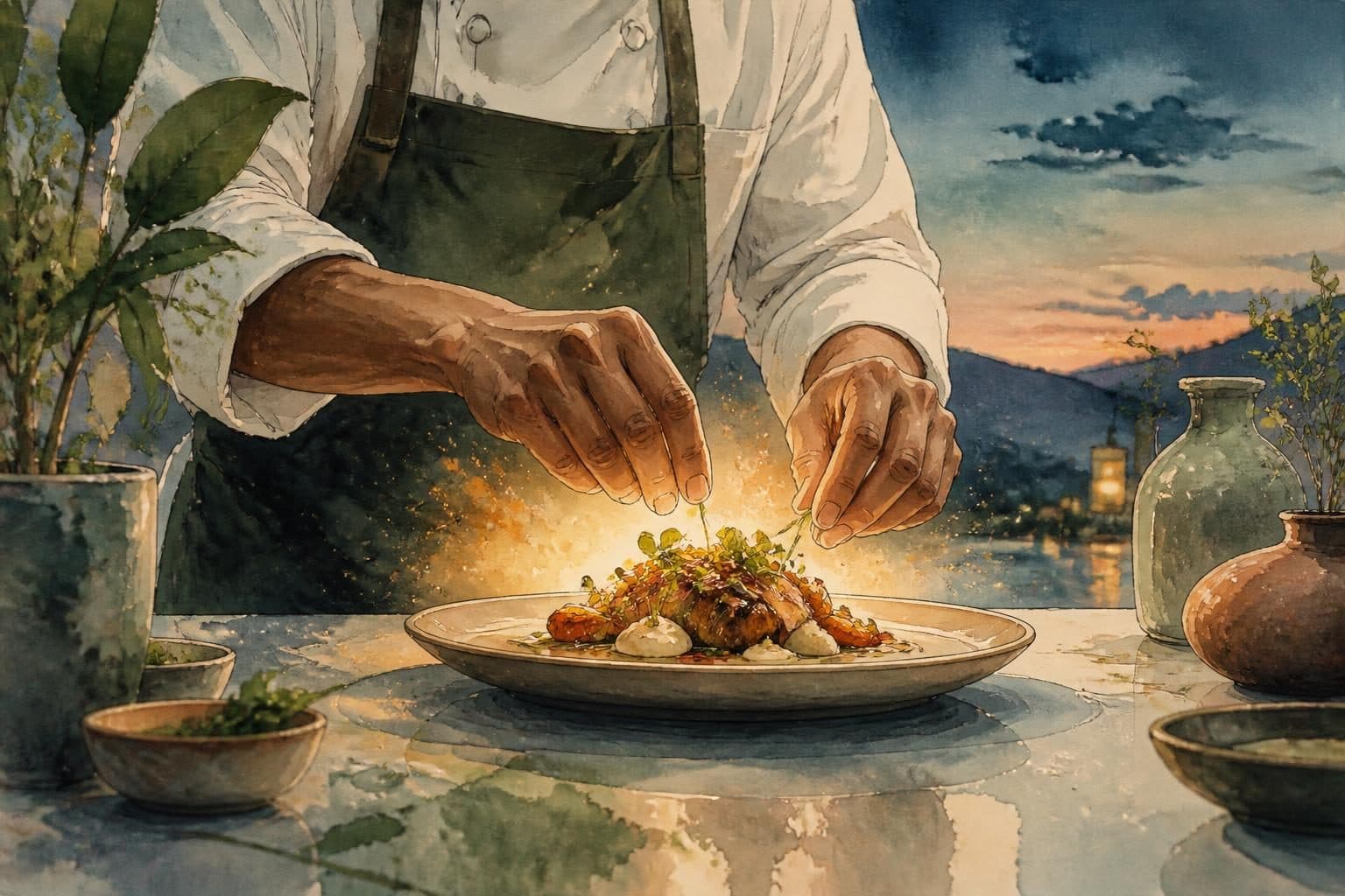 A chef's hands expertly plating a beautifully arranged dish on a clean, modern surface, with a subtle glow emanating from the food, symbolizing the transformation of culinary skill into an online offering