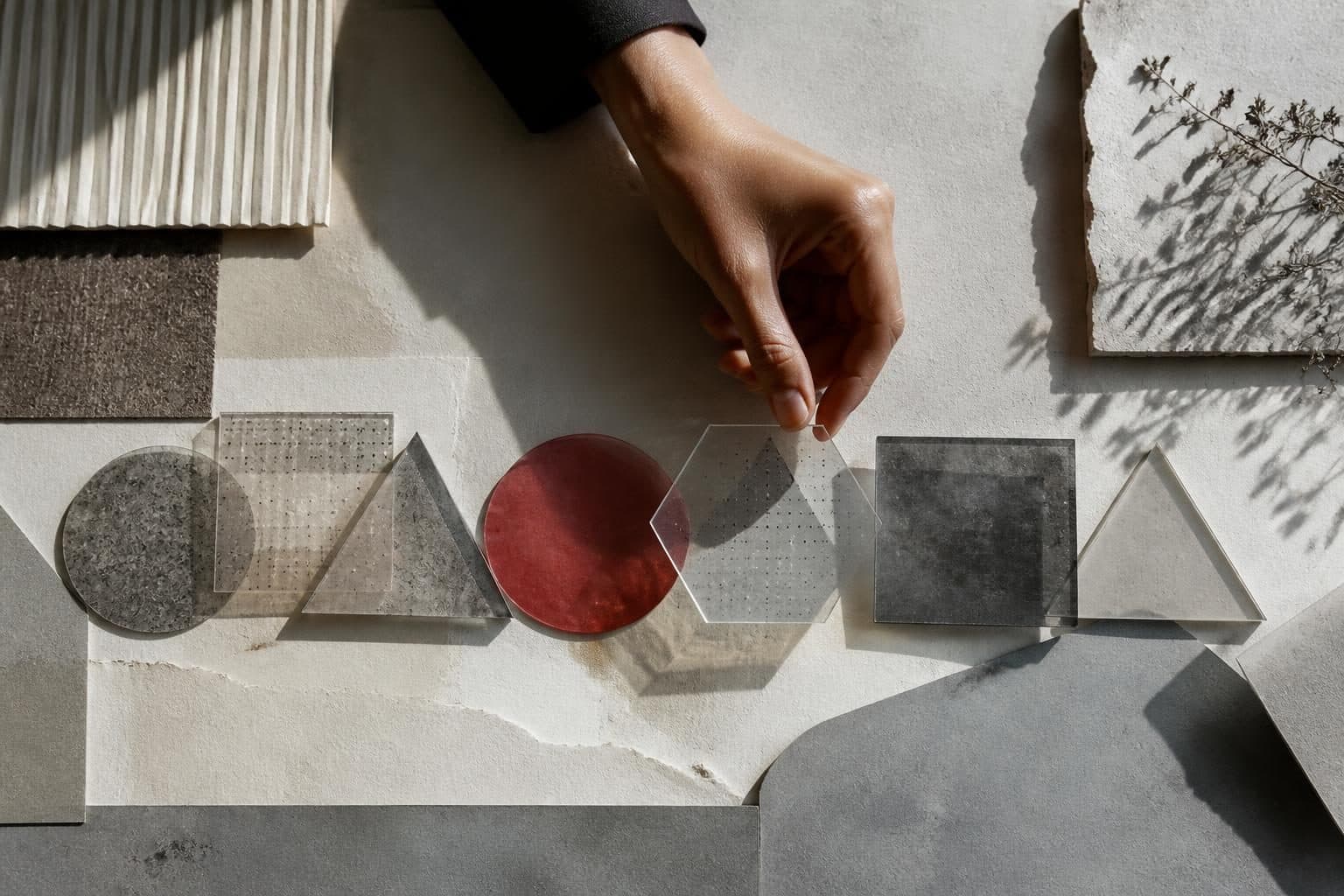A close-up shot of a hand carefully arranging a series of translucent, layered geometric shapes, each representing a different skill or learning module, on a soft, textured background
