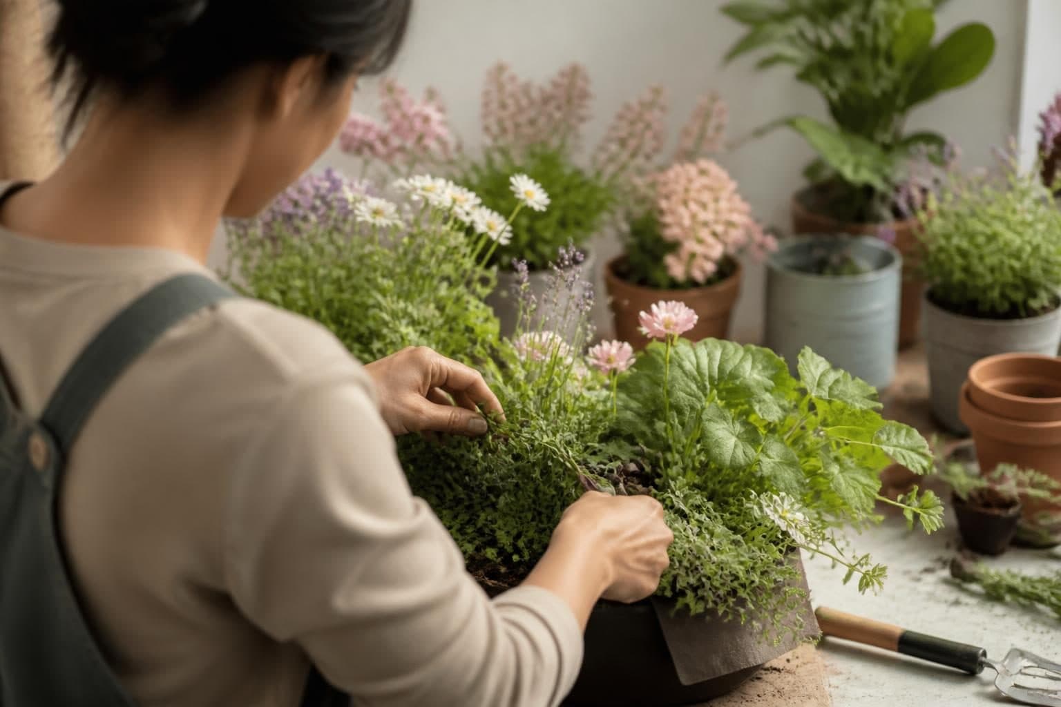 A person gently tending to a vibrant, flourishing garden, carefully nurturing individual plants and removing weeds, symbolizing personalized client care and growth