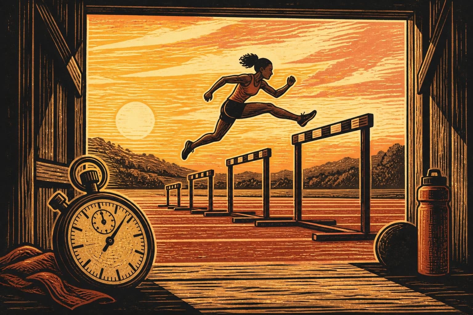 A determined individual is shown mid-stride, leaping over a series of progressively larger hurdles on a track, with a stopwatch prominently displayed in the foreground, symbolizing measurable progress and overcoming challenges in fitness