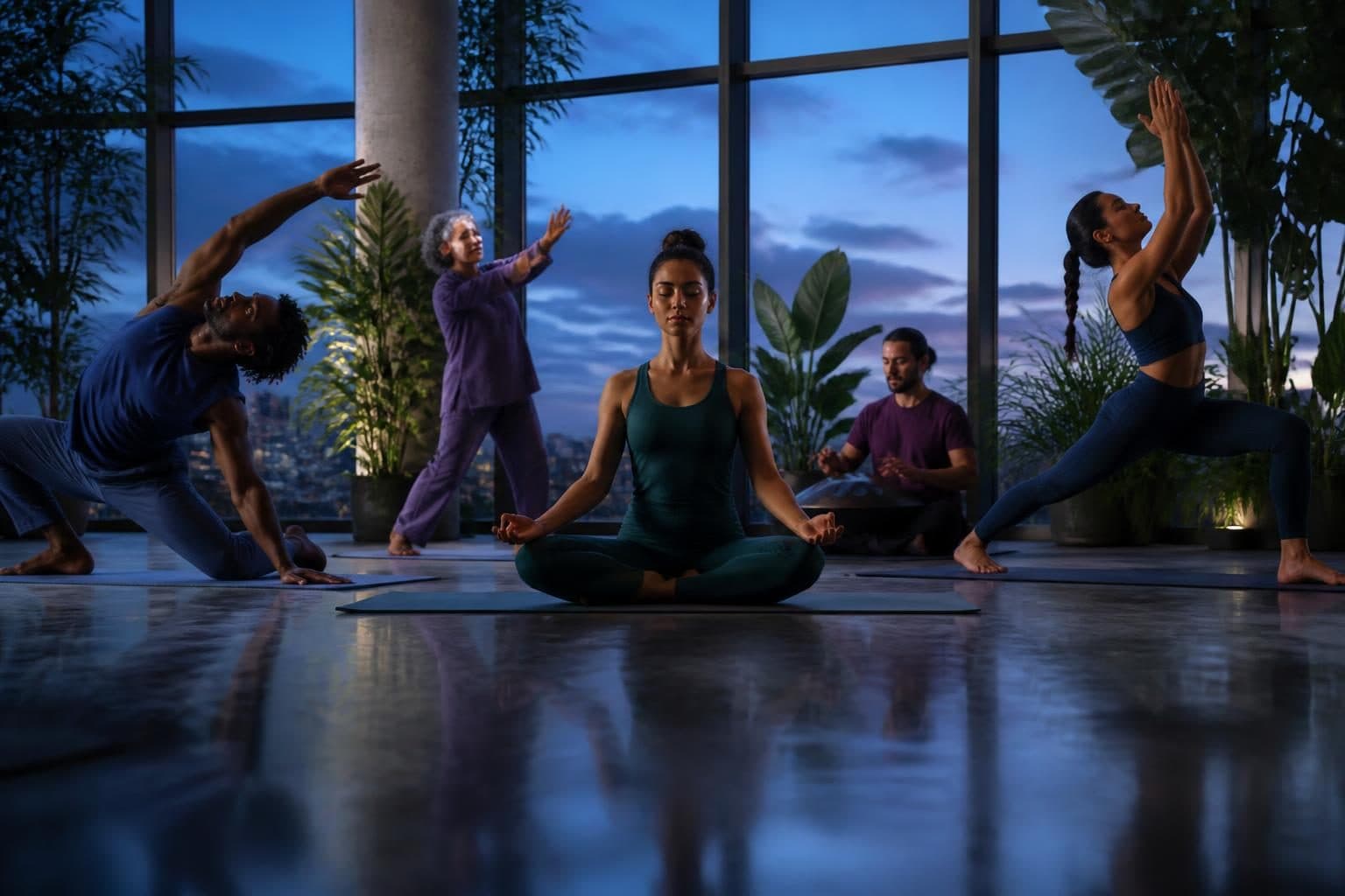 A diverse group of individuals in a bright, airy space, each engaged in a different form of mindful movement, with soft light filtering through large windows and lush green plants scattered throughout
