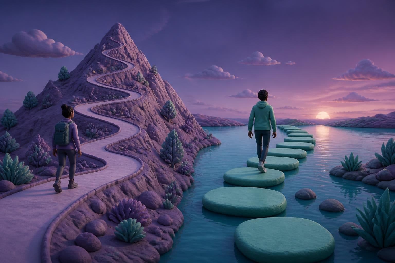 A split image showing a winding, upward path leading to a mountaintop on one side, and a series of distinct, well-defined stepping stones across a calm body of water on the other