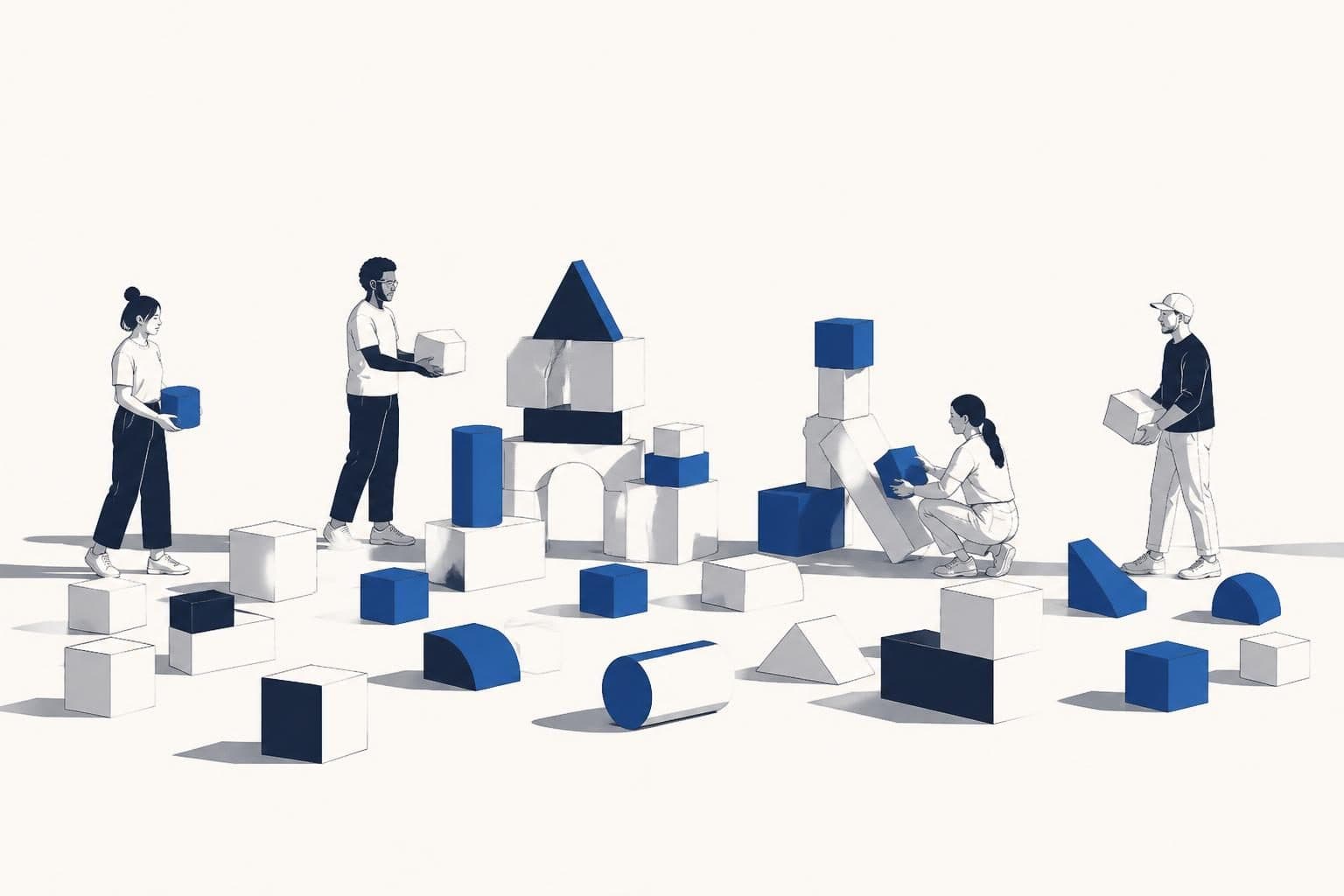 A collection of diverse, colorful building blocks are scattered and slightly askew on a clean, light-colored surface, with a few blocks precariously stacked, suggesting a need for reassembly and a new structure