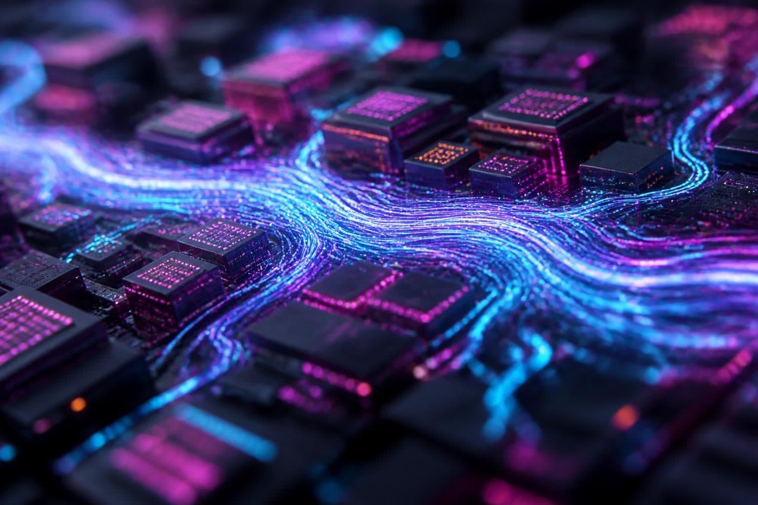 A flowing river of data, represented by shimmering, interconnected digital streams, carves a path through a landscape of abstract, geometric forms, with smaller tributaries branching off to illuminate individual modules