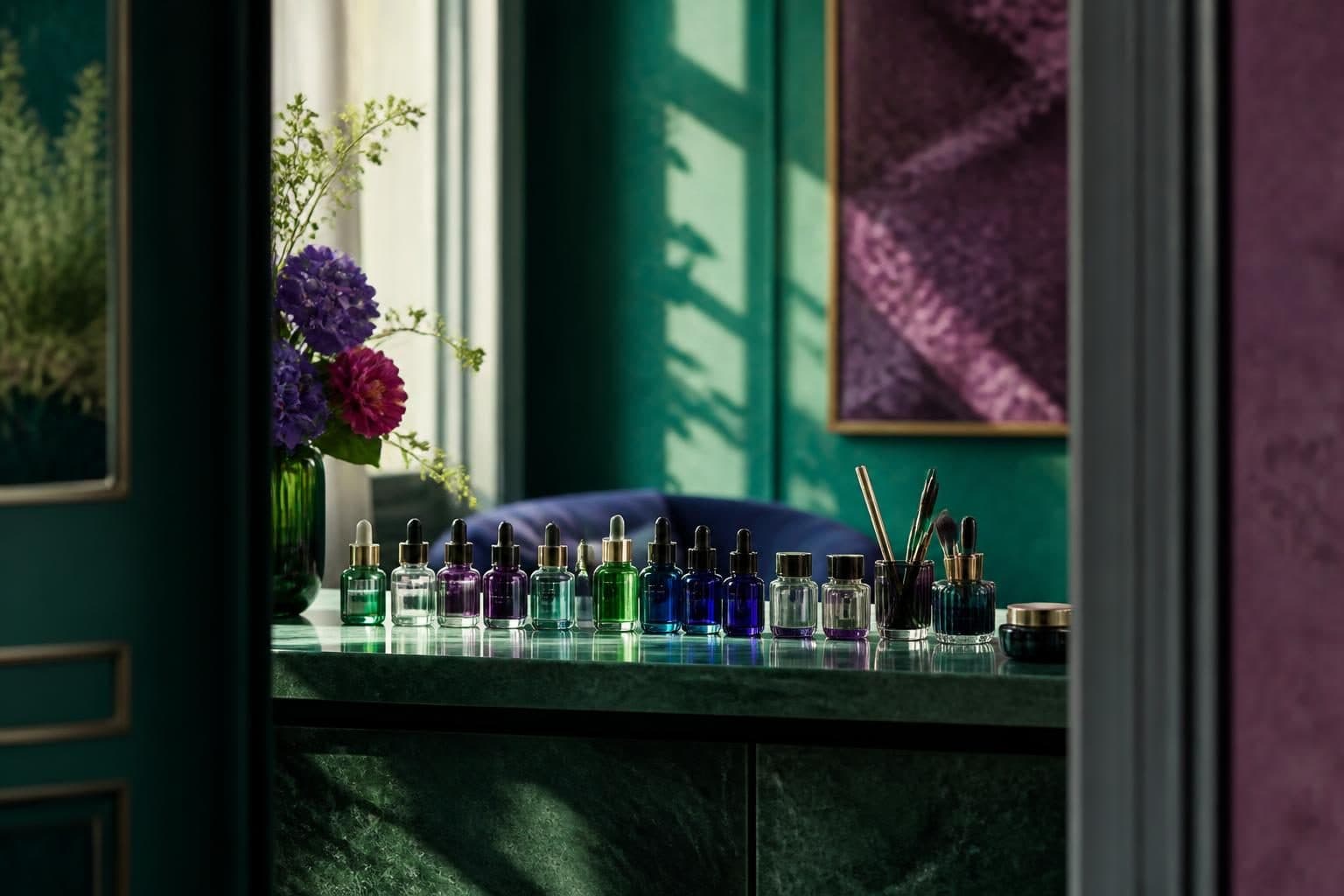 A close-up shot of a meticulously organized collection of small, colorful vials and applicators arranged in a neat row on a smooth, reflective surface, suggesting a well-maintained beauty routine