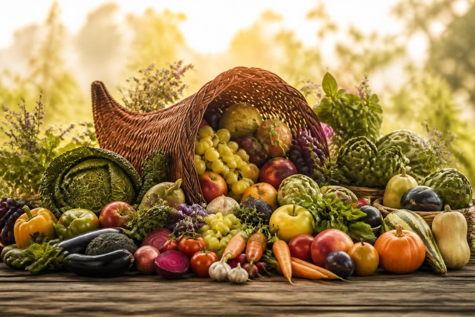 A vibrant, overflowing cornucopia spills forth a diverse array of fresh fruits, vegetables, and herbs onto a rustic wooden table, symbolizing abundance and the richness of healthy living