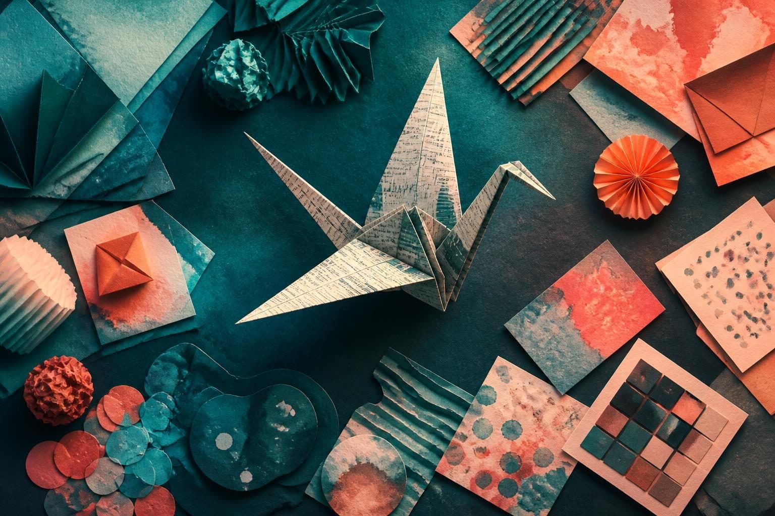A single, intricately folded origami crane, crafted from financial newsprint, is poised to take flight from a spread of diverse, colorful paper shapes representing different content formats