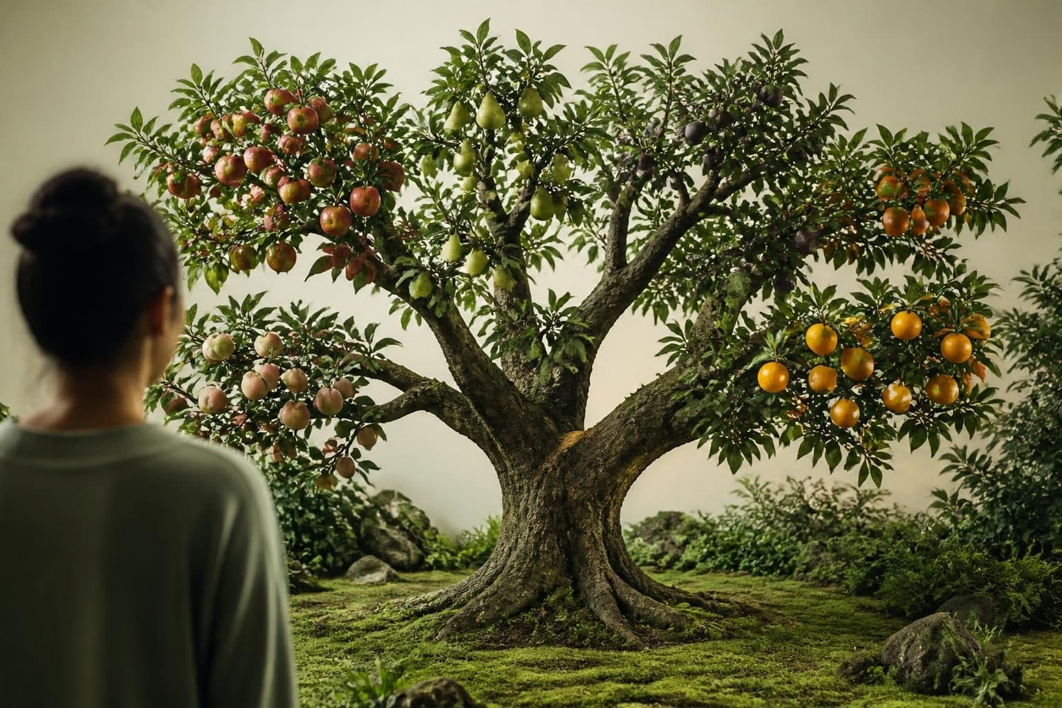 A single, sturdy tree with multiple, distinct branches reaching outwards, each supporting a different type of fruit, symbolizing diversified therapeutic offerings