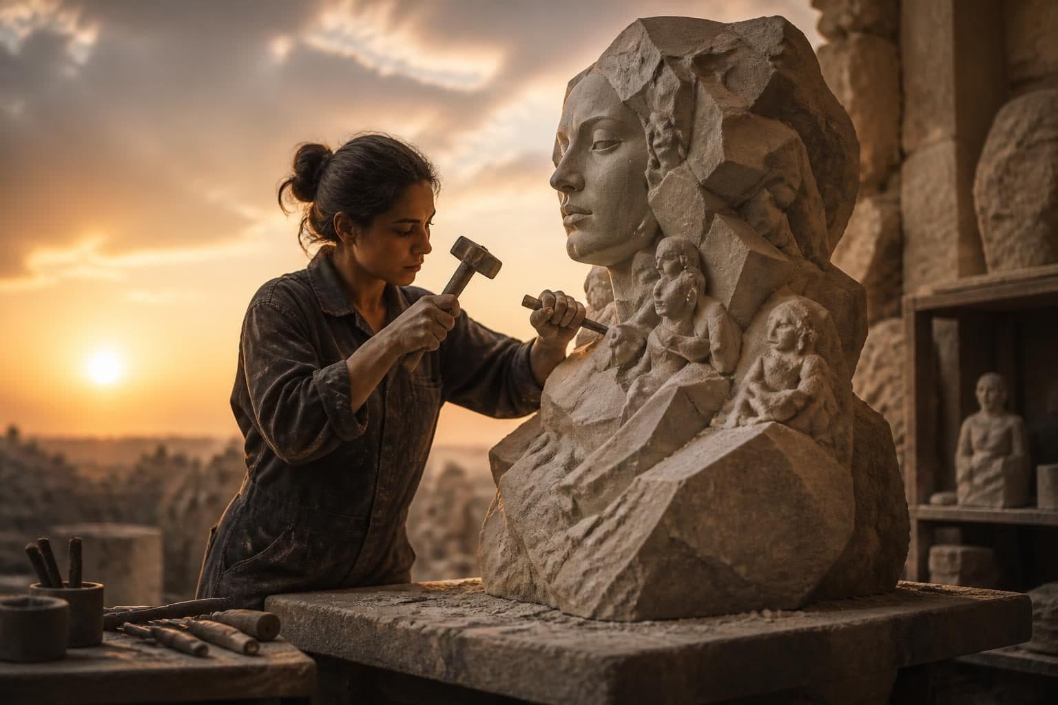 A sculptor meticulously carves a complex, multi-faceted statue from a rough block of stone, symbolizing the transformation of raw content into a valuable client program