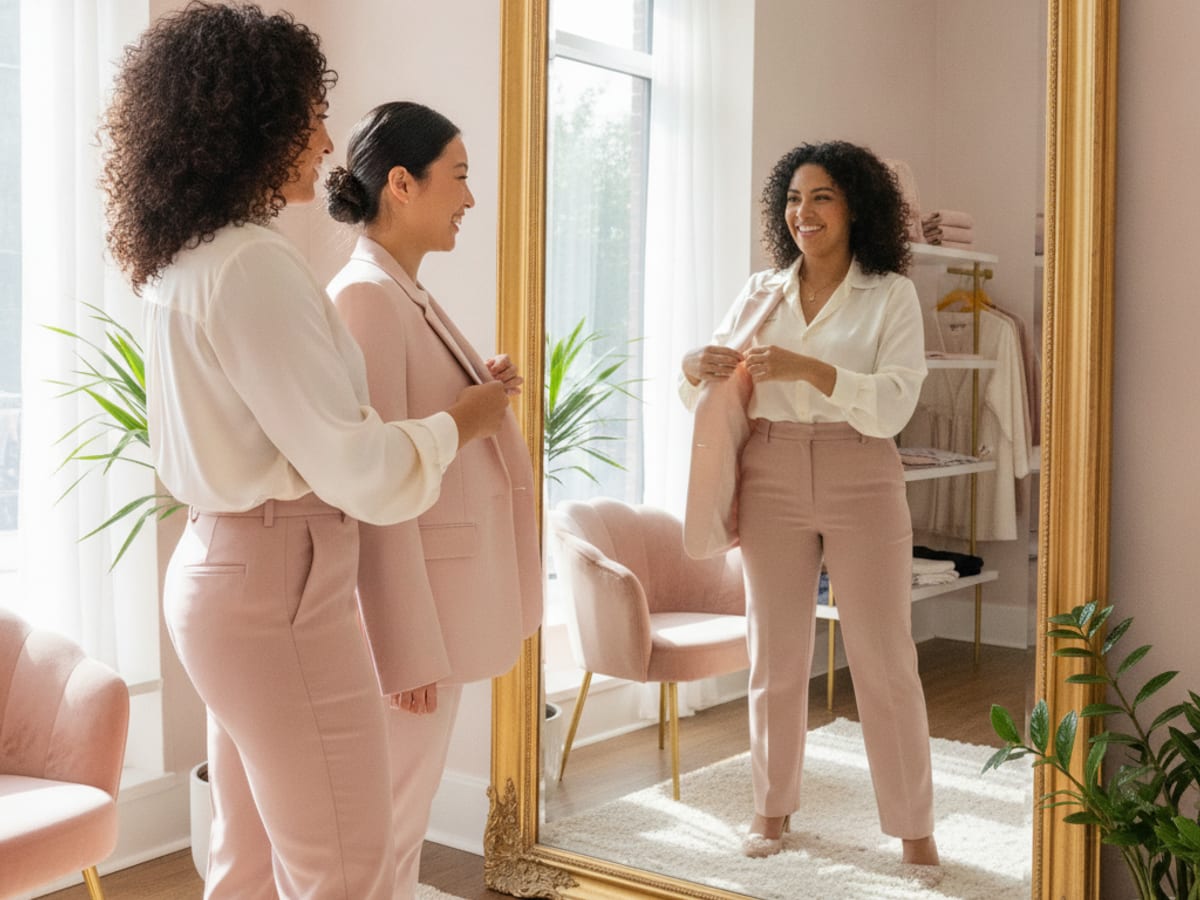 Style coach and client trying a look together
