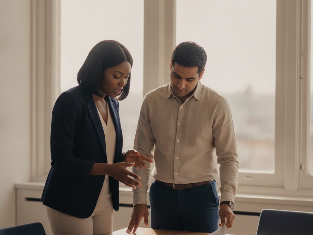 Consultant and founder reviewing a plan together
