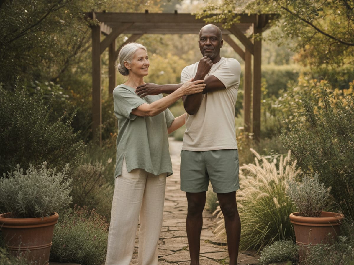 Coach and client practicing a wellness routine outdoors
