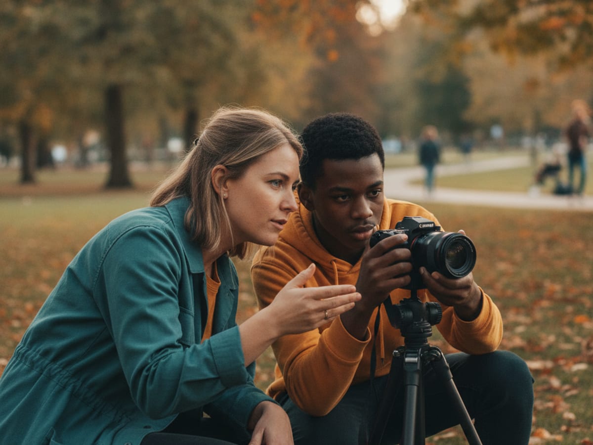 Instructor and student practicing together outdoors