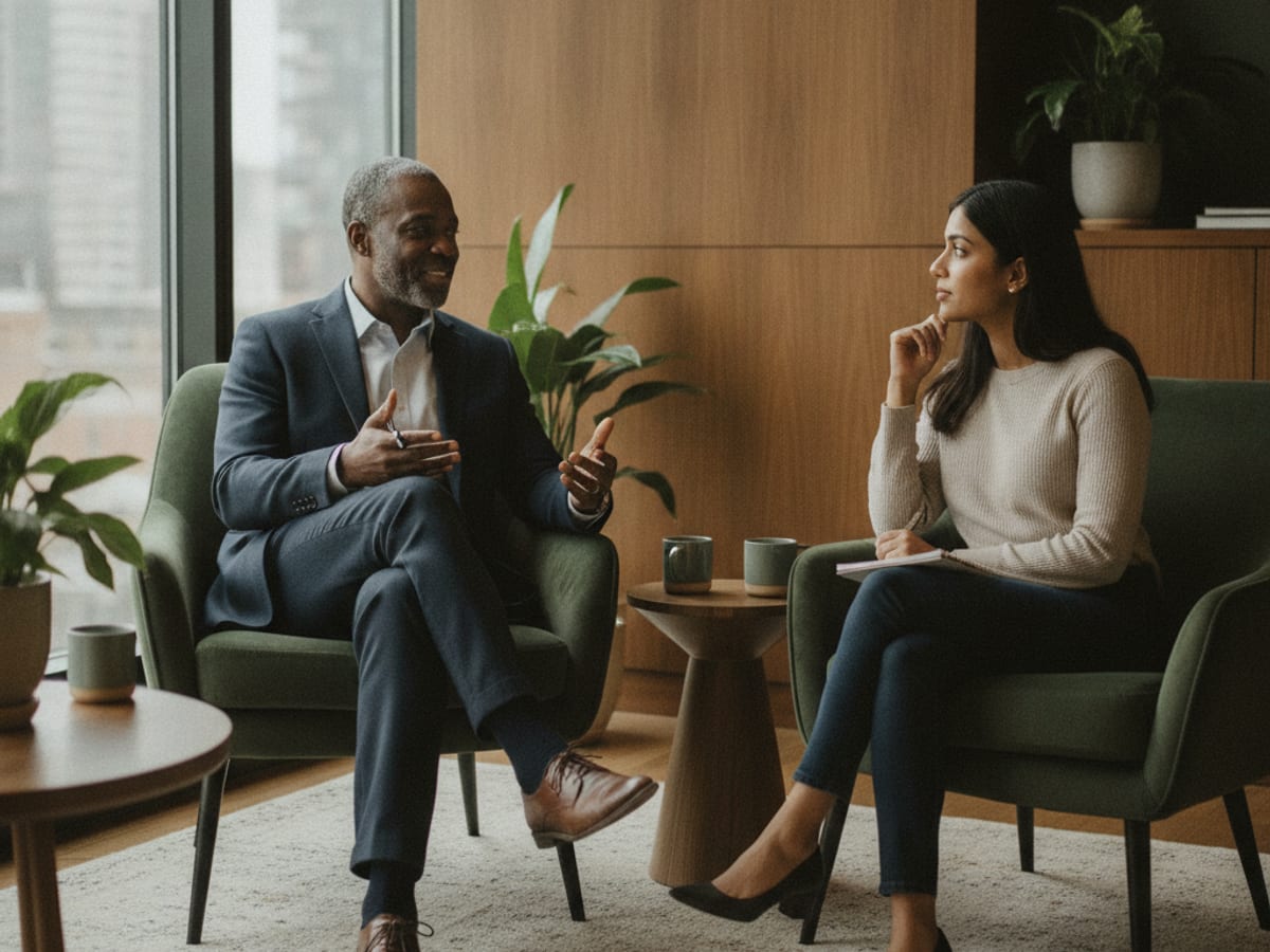 Executive coach and new manager in conversation