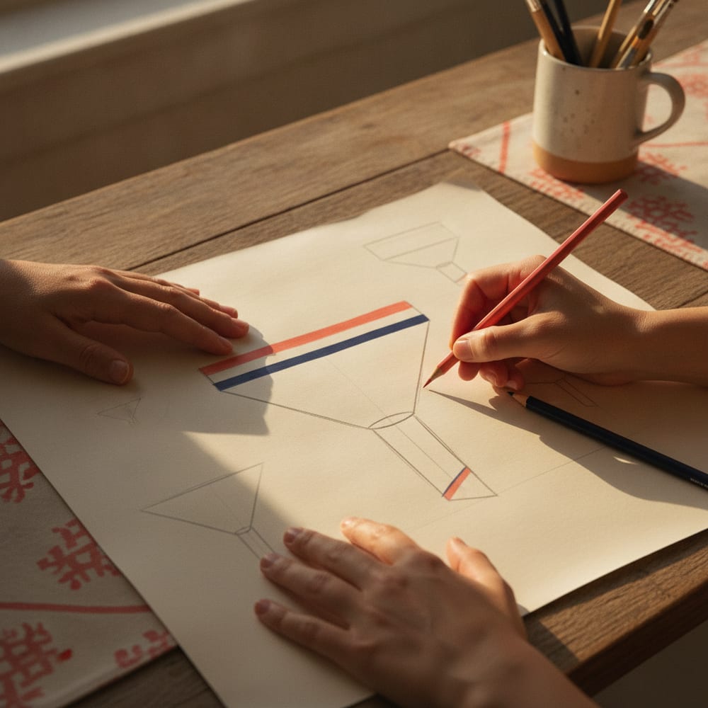 Two people sketching a funnel by hand