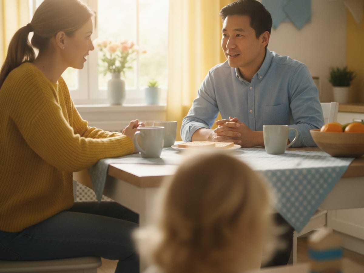 Coach and parent talking while a child plays nearby