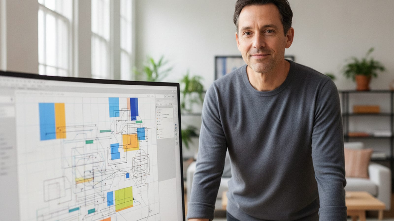 Hero: designer reviewing a portfolio board