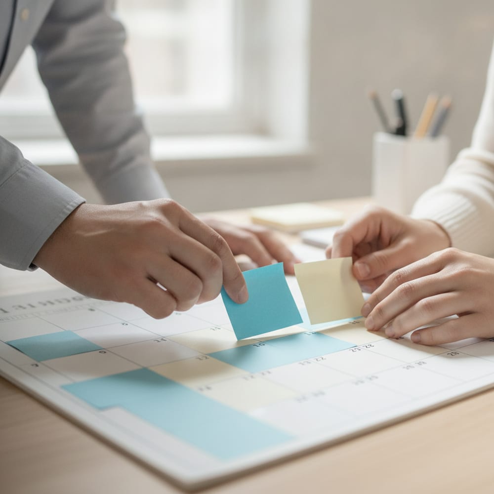 Two people building a schedule together